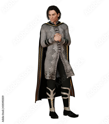 Man in medieval suit with golden details. Isolated on white. 3D rendering.