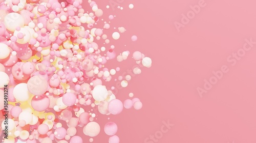 Dynamic colorful bouncing balls for party, festival, celebration. Group of balls, bubbles on pastel  background. Digital, trend, conceptual banner for Valentine's Day with copy space - 3D, render. © JooLaR