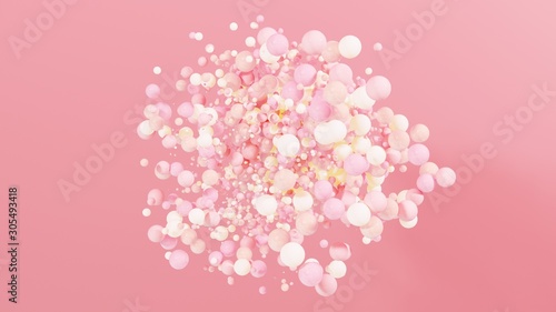 Dynamic colorful bouncing balls for party, festival, celebration. Group of balls, bubbles on pastel  background. Digital, trend, conceptual banner for Valentine's Day with copy space - 3D, render. © JooLaR