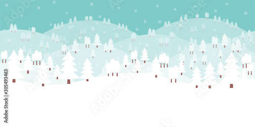 Panoramic horizontal seamless background of white winter scene with pine trees, rolling hills, mountains and falling snow flake in flat cartoon style
