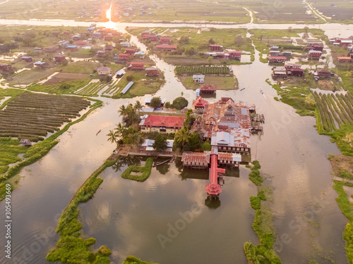 Aerial view of Nga Phe Kyaung monastery on Inle Lake in Myanmar. photo