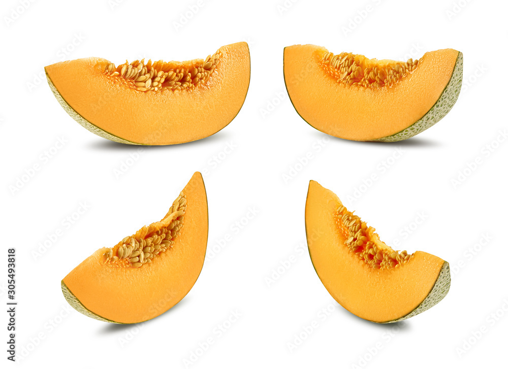 Four delicious cantaloupe melon slices in a cross-section, isolated on white background with copy space for text or images. Side view. Close-up shot.