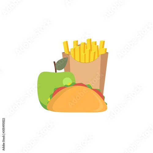 Lunch icons , such as french fries, sandwich and apple. Vector flat design illustration.