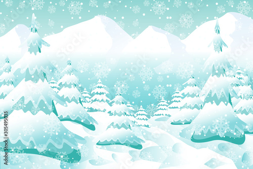 Christmas background, Snowy Woodland landscape. Holiday winter landscape for Merry Christmas, coniferous forest, snow and snowflakes. Happy new year.