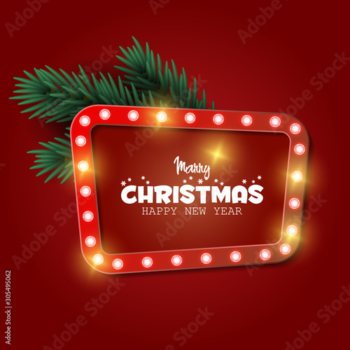 Retro Christmas lighr frame with tree branches. Realistic Christmas tree. Nappy new year. Vector design for banner, post photo