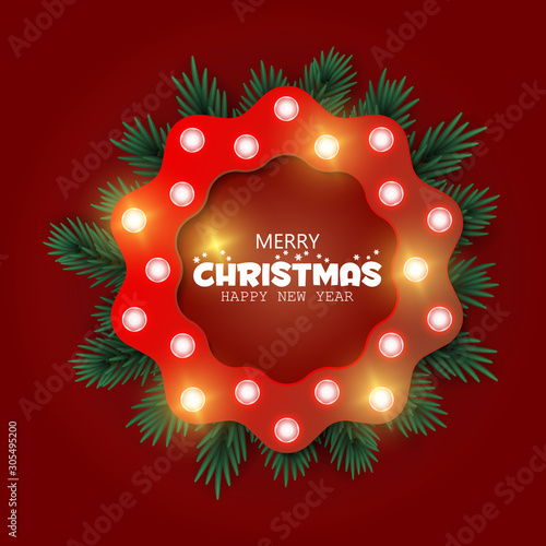 Retro Christmas lighr frame with tree branches. Realistic Christmas tree. Nappy new year. Vector design for banner, post