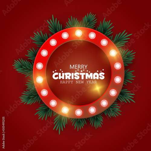 Retro Christmas lighr frame with tree branches. Realistic Christmas tree. Nappy new year. Vector design for banner, post