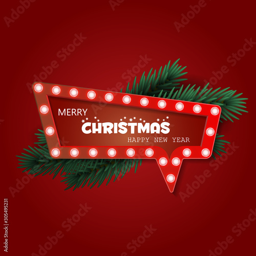 Retro Christmas lighr frame with tree branches. Realistic Christmas tree. Nappy new year. Vector design for banner, post