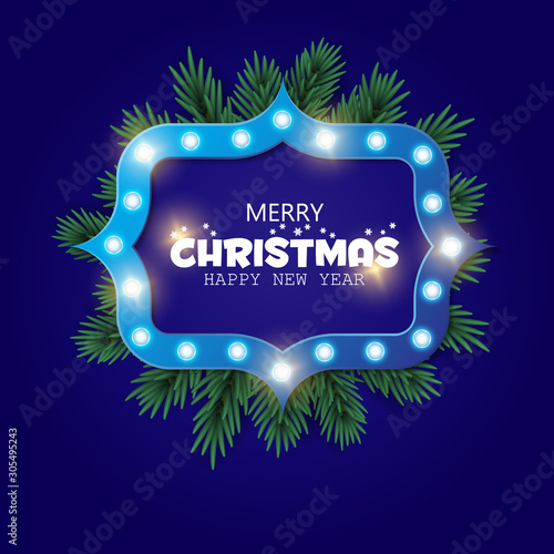 Retro Christmas lighr frame with tree branches. Realistic Christmas tree. Nappy new year. Vector design for banner, post