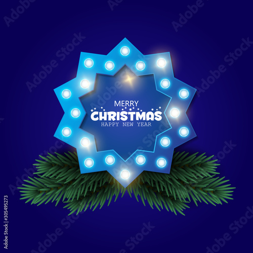 Retro Christmas lighr frame with tree branches. Realistic Christmas tree. Nappy new year. Vector design for banner, post