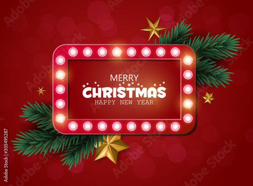 Retro Christmas lighr frame with tree branches. Realistic Christmas tree. Nappy new year. Vector design for banner, post