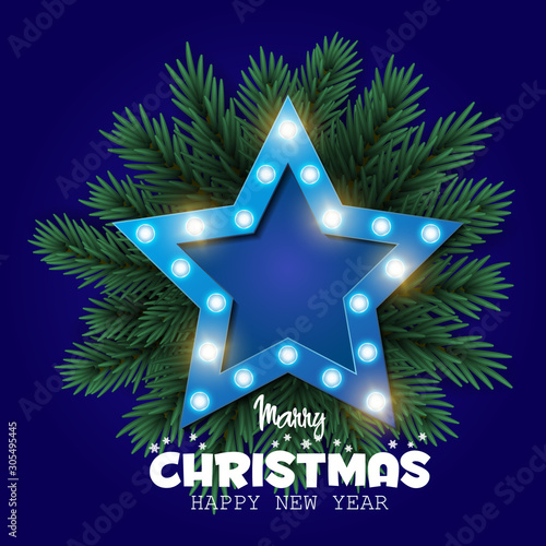 Retro Christmas lighr frame with tree branches. Realistic Christmas tree. Nappy new year. Vector design for banner, post