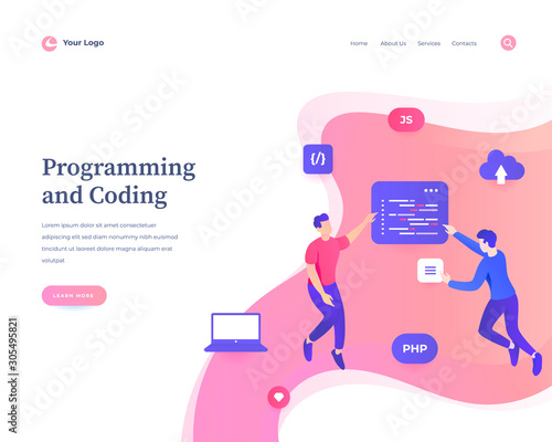 Programming and coding concept workflow flying or levitation people and interaction with social media icons