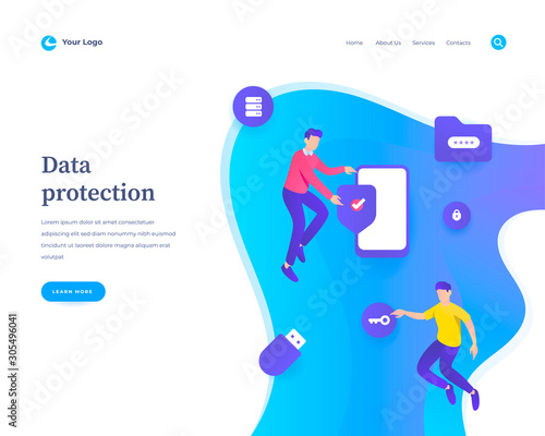 Data protection concept workflow flying or levitation people and interaction with social media icons