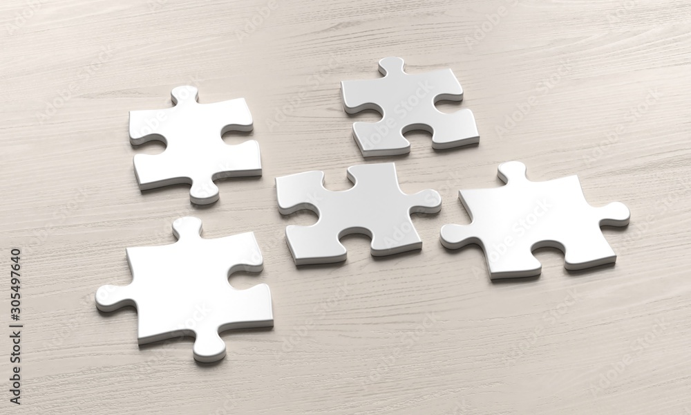 Fototapeta premium Puzzle pieces on wooden background. 3d illustration