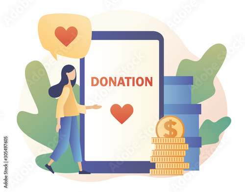 Donation and volunteers work concept. Girl help charity and sharing hope. Modern flat cartoon style. Vector illustration