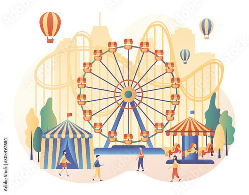 Amusement park concept. Tiny people with carousels, roller coaster, air balloon, circus, fun fair and carnival. Modern flat cartoon style. Vector illustration