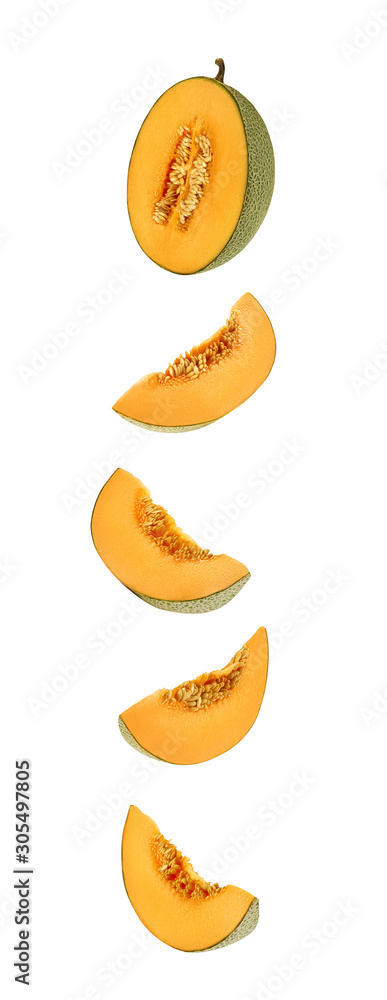 Set of some cantaloupe melons in a cross-section, isolated on white background with copy space for text or images. Side view. Close-up shot. Set of some cantaloupe melons in a cross-section, isolated on white background with copy space for text or images. Side view. Close-up shot.