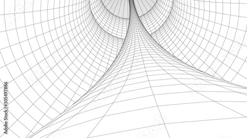 Vortex. Vector perspective curved grid. Wireframe abstract tunnel. 3D vector wormhole with a mesh structure.