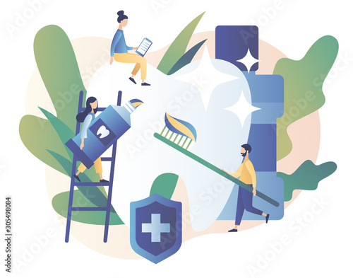 Dental clinic concept. Stomatology and orthodontics medical center. Dental care. Teeth treatment, protect and cleaning teeth. Modern flat cartoon style. Vector illustration