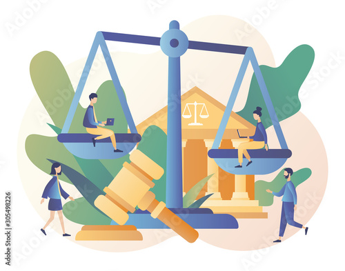 Law and Justice Concept. Justice scales, judge building and judge gavel. Supreme court. Modern flat cartoon style. Vector illustration