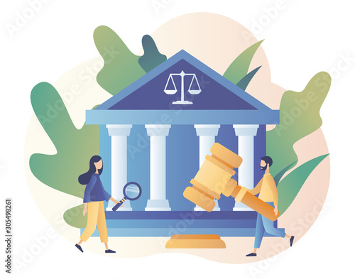Law and Justice Concept. Justice scales, judge building and judge gavel. Supreme court. Modern flat cartoon style. Vector illustration
