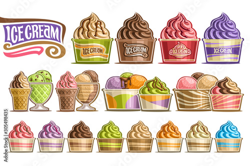 Vector set of Ice Creams, 16 cut out illustration of variety icecreams on white background, collection of different ice creams dripping sauce in plastic and glass containers with fruits ingredients.