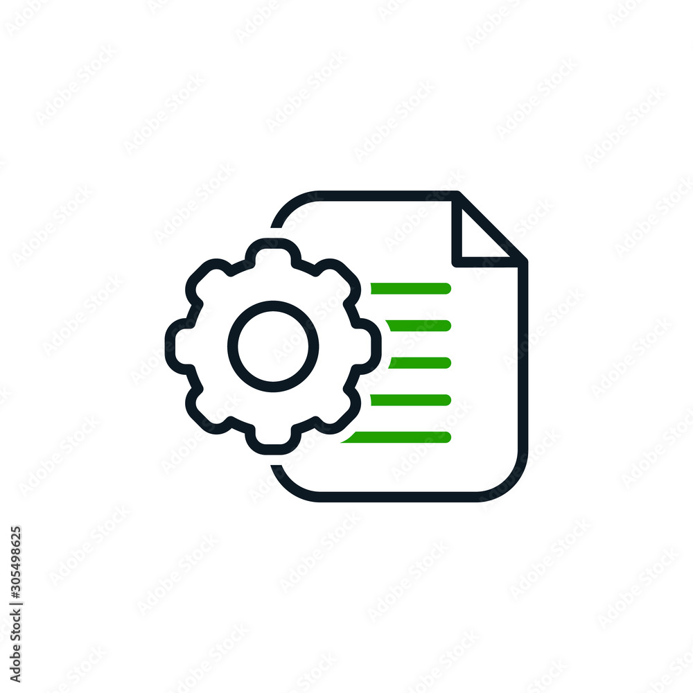 Manual document icon, big data processing technology concept, cogwheel and paper file isolated. Vector illustration Manual document icon, big data processing technology concept, cogwheel and paper file isolated. Vector illustration
