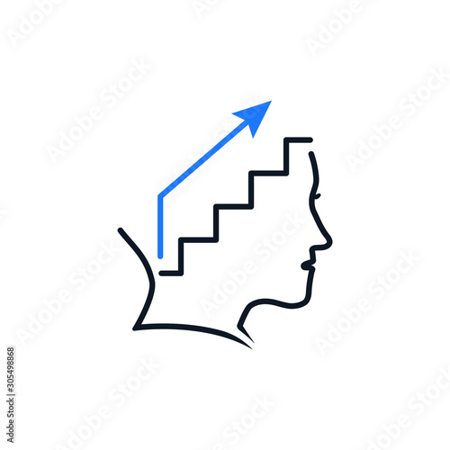Human head profile and ladder. Cognitive self improvement psychology education icon concept, growth mindset. Personal potential development. Vector illustration