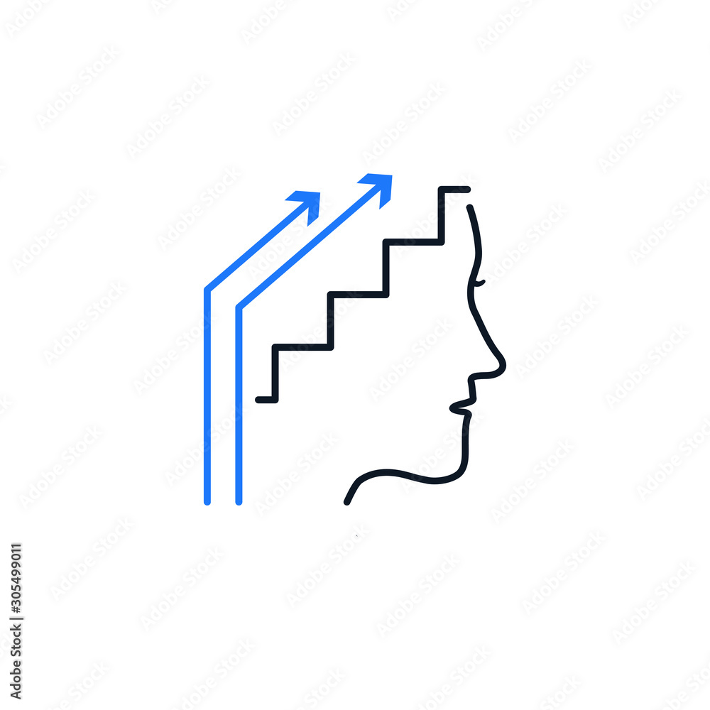 Human head profile and ladder. Cognitive self improvement psychology education icon concept, growth mindset. Personal potential development. Vector illustration