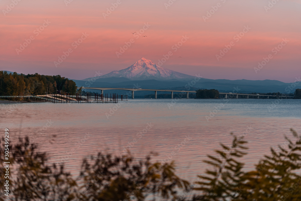 Mt Hood and the Columbia River at sunset, Portland Oregon