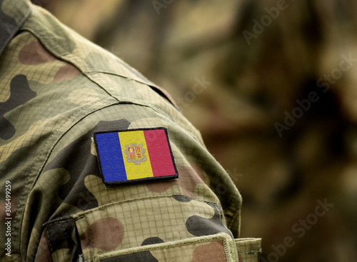 Flag of Andorra on military uniform. Army, soldiers. Collage. photo