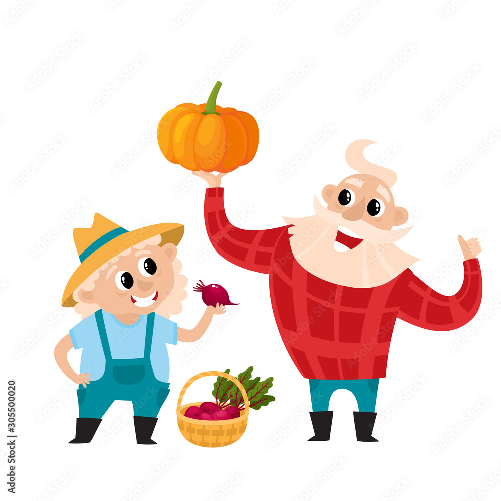 Naklejka premium Cartoon old man, woman farmers with vegetables isolated on white.