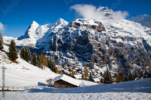 idyllic Swiss village Murren in the mountains in winter