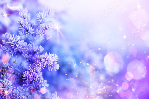 Fototapeta Naklejka Na Ścianę i Meble -  Christmas and New Year holidays background. Glitter lights backdrop. Winter season. Text space. Closeup of Christmas-tree.