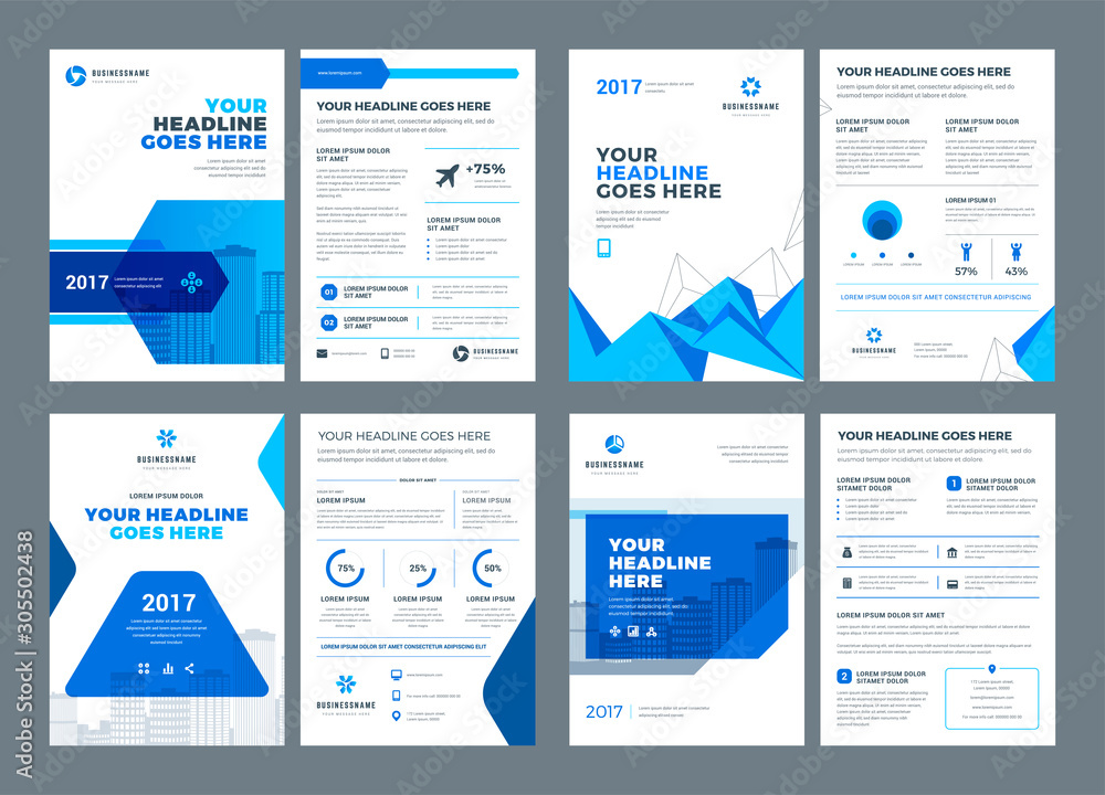 Abstract flat background blue brochures annual reports covers or brochures flyers design templates set vector illustration