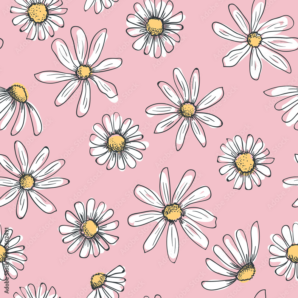 Hand drawn seamless vector pattern with chamomile flowers. Colored daisy as childish drawing with black doodle stroke on a pink background Hand drawn seamless vector pattern with chamomile flowers. Colored daisy as childish drawing with black doodle stroke on a pink background