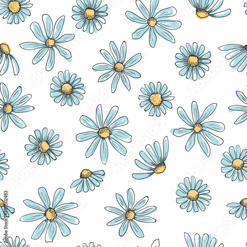Hand drawn seamless vector pattern with chamomile flowers. Colored daisy as childish drawing with black doodle stroke on a white background