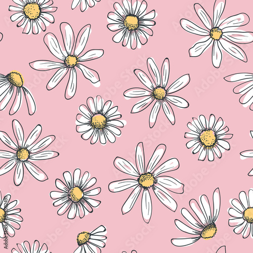 Hand drawn seamless vector pattern with chamomile flowers. Colored daisy as childish drawing with black doodle stroke on a pink background