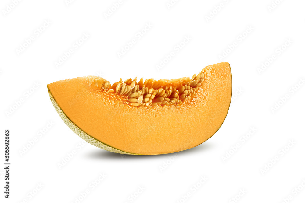 Slice of delicious cantaloupe melon in a cross-section, isolated on white background with copy space for text or images. Side view. Close-up shot. Slice of delicious cantaloupe melon in a cross-section, isolated on white background with copy space for text or images. Side view. Close-up shot.
