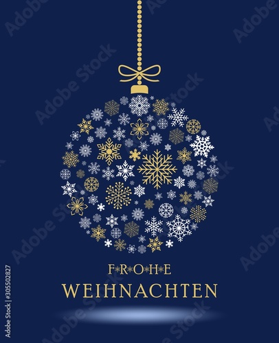 Weihnachtskugel vektor mit Schneeflocken und deutschen Weihnachtsgruß. Blauer Hintergrund. Übersetzung: Frohe Weihnachten ist Merry Christmas. Für Grußkarten und sonstige Hintergründe.