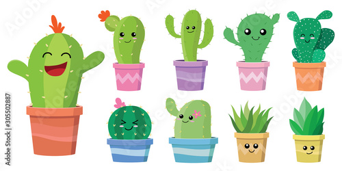 set of cute cartoon cactus and succulents with funny happy faces, expression in flowerpot. concept simple flat design illustration vector. can used for cards, invitations, sticker, object decoration.