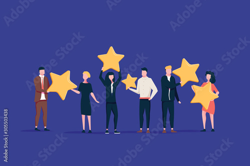 Happy people are holding review stars over their heads. Five stars rating. Customer review rating and client feedback