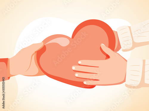Cartoon vector illustration of hand holding a heart icon Passed from hand to hand. Object on white background.