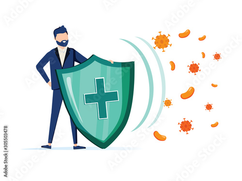 Immune system vector icon logo. Health bacteria virus protection. Medical prevention human germ. Man reflect bacteria