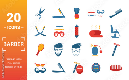 Barber Shop icon set. Include creative elements scissors, foam brush, straight razors cross, towel, mirror icons. Can be used for report, presentation, diagram, web design