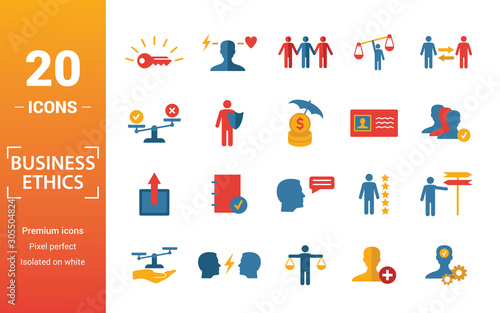 Business Ethics icon set. Include creative elements csr, trust, morality, license to work, profitability icons. Can be used for report, presentation, diagram, web design