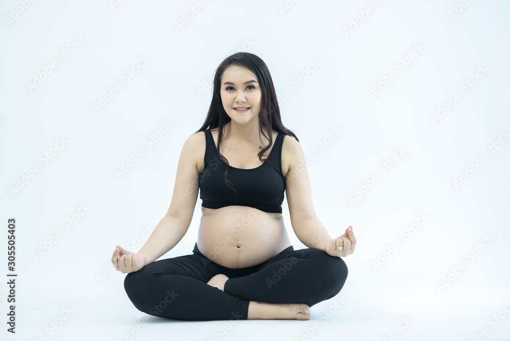 Pregnant women exercising separately from the white backdrop - yoga concepts for pregnant women Pregnant women exercising separately from the white backdrop - yoga concepts for pregnant women