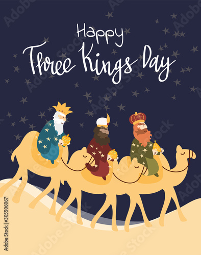 Vector illustration card for Happy Three Kings Day celebration. Cute cartoon character of three wise men.