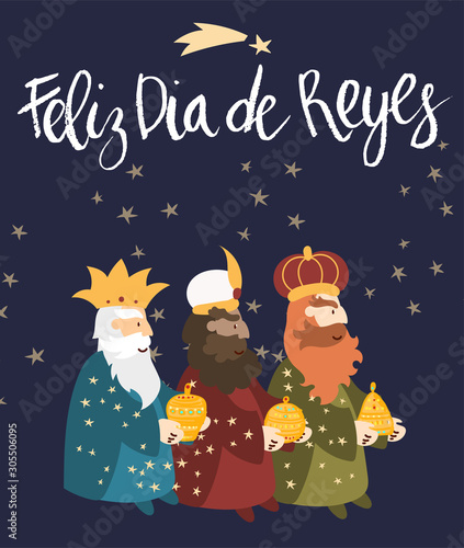 Vector illustration card for Epiphany celebration. Cute cartoon character of three wise men. Caption translation: Happy Three Kings Day